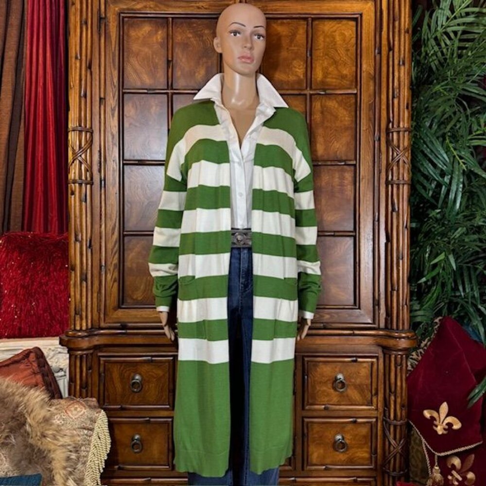 Bold Green White Stripe Side Slits Duster Cardigan